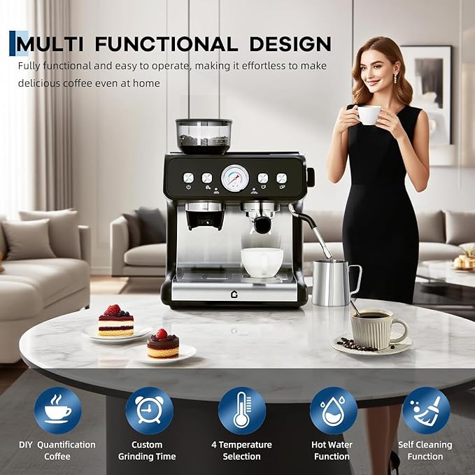 Garvee Stainless Steel Espresso Machine with Grinder & 20 Bar Pressure, 2.8L Removable Water Tank, Milk Frother Steam Wand for Latte/Cappuccino - Adjustable Shot Volume, Professional Home/Office Use