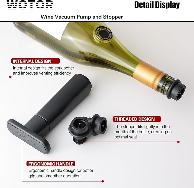 WOTOR Wine Saver Vacuum Pump with 8 Stoppers, Wine Stopper & Preserver, Reusable Bottle Sealer Keeps Fresh, Ideal Accessories Gift (Flat Handle)