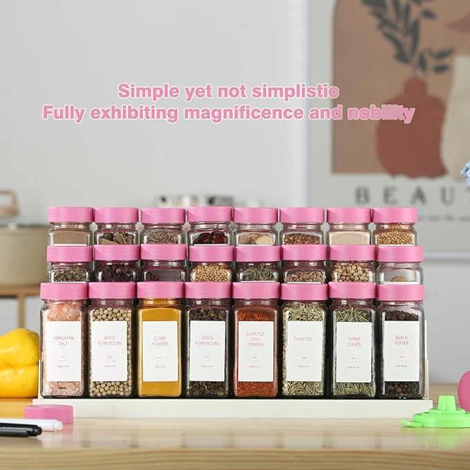 Pink Spice Jars with Label，4oz Seasoning Containers, Glass Spice Bottles with Shaker Lids,Funnel, Chalk Pen (Pink, 48)