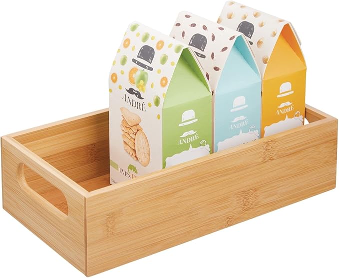 mDesign Bamboo Kitchen Storage Container Bin - Drawer Organizer Crate Box with Handles for Pantry Cabinet, Shelves, or Countertop, Holds Snacks, Spices, or Drinks, Echo Collection, Natural/Tan