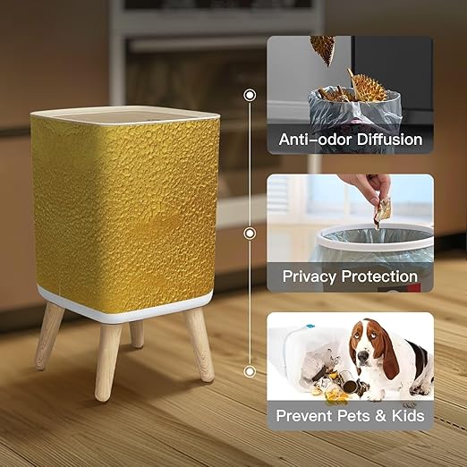 Small Trash Can with Lid Gold texture for cover cards flyers poster Bronze paint Stone backdrop Wastebasket with Press Cover Dog Proof Garbage Can Waste Bin for Kitchen Bathroom Nursery 2.6 Gallon