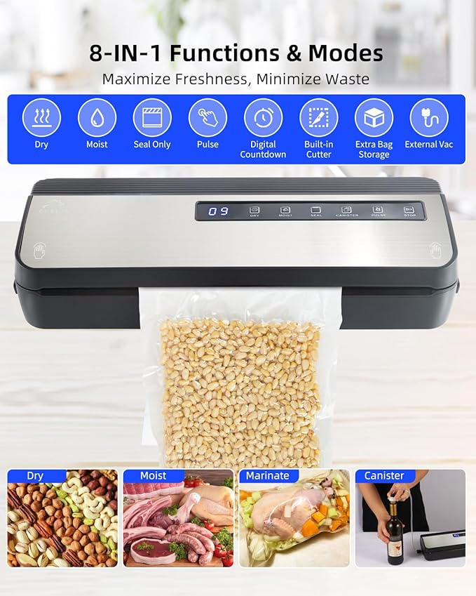 Vacuum Sealer Machine for Food, 80KPA Powerful 8-in-1 Automatic Vacuum Food Sealer with Dry & Moist Modes, Bag Storage, Cutter, Digital Countdown, 20 Pre-Cut Bags & External Air Suction Hose