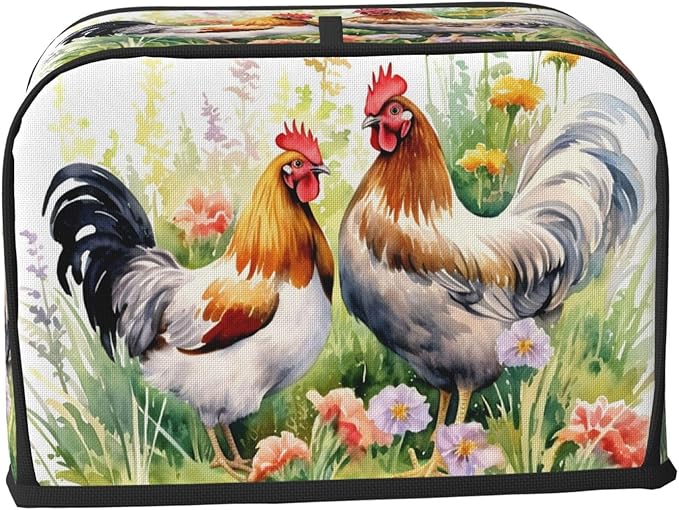 Watercolor Chicken Rooster Floral Toaster Cover 2 Slice Long Slot, Bread Maker Cover Washable Dust Protection Kitchen Small Appliance Toaster Oven Cover for 2 Slice