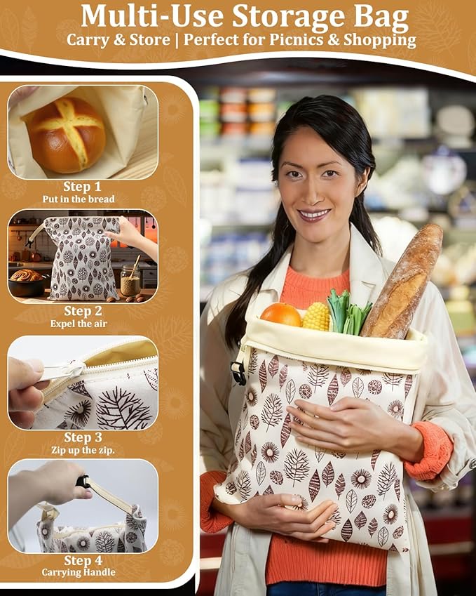 Reusable Beeswax Bread Bags with Zipper, Sourdough Bread Storage Bags for Homemade, Keep Bread Fresh, Natural Beeswax & Cotton Liner, Freezer-Safe Baguette Bag 17"×13", 2 Pack