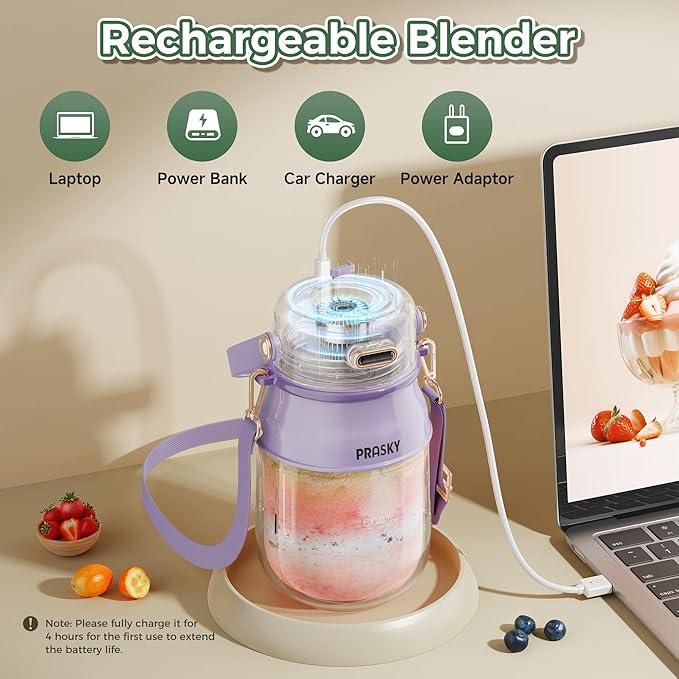 Portable Blender, Prasky Personal Blenders for Shakes and Smoothies with 27oz Cup, Lid and Shoulder Strap, Type-C USB Rechargeable, Personal Size Blenders BPA-free for Travel/Kitchen (Purple)