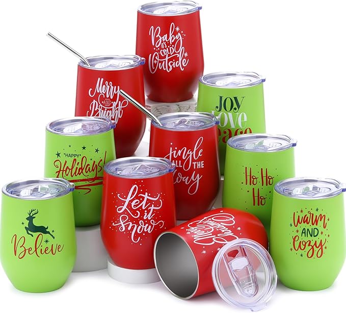 Uiifan 20 Pack Christmas Tumblers Gifts 12 Oz Xmas Funny Tumbler Christmas Stainless Steel Coffee Mugs Set Xmas Insulated Travel Cup with Straw Lid for Family Xmased Holiday Gift (Red Green)