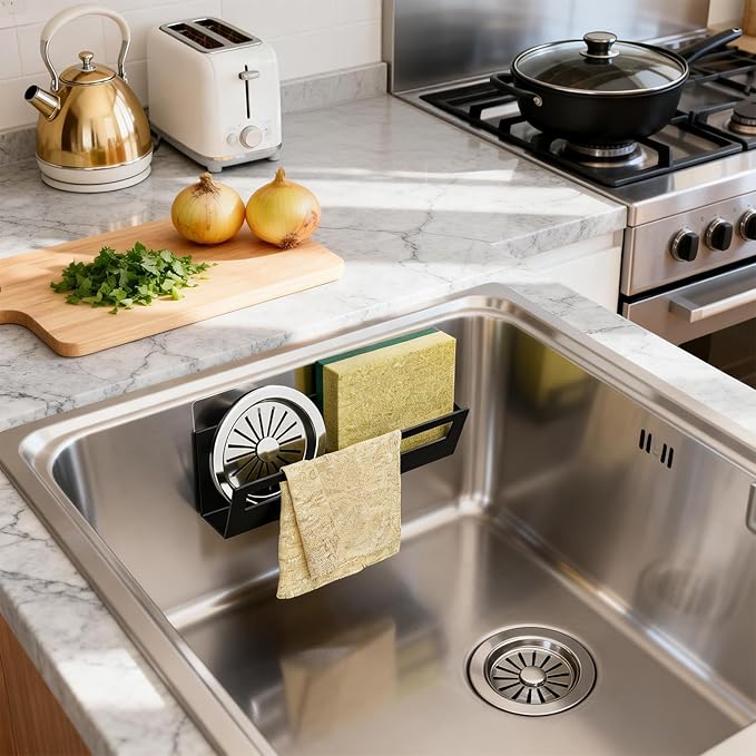 Sponge Holder for Kitchen Sink with Suction Cups & Adhesive Hook, Rustproof In-Sink Sponge Holder, Space-Saving Wall Hanging Sink Caddy Organizer Rack - Sponge, Dish Cloth, Brush - Stainless Steel