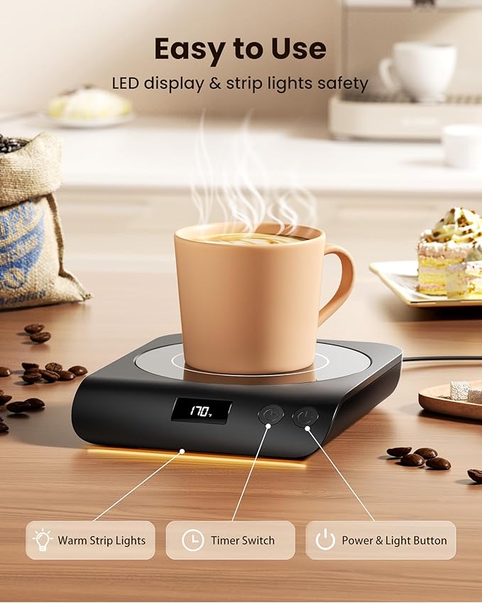 Gaiatop Coffee Mug Warmer, 3 Temperature Settings, 2-10H Auto Shut Off and Warm Strip Indicator Lights, 50W Smart Cup Warmers Fast Heating Plate for Tea Milk Cocoa Candle, Stocking Stuffers, Black