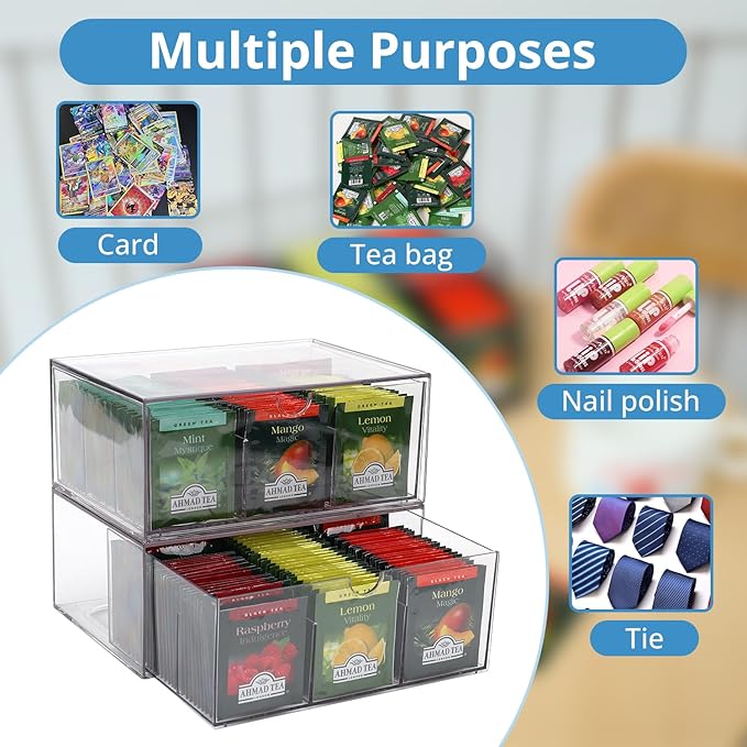 CLUQMEIK 2 Large Acrylic Tea Bag Organizer, 9 Grids Tea Organizers and Storage with Acrylic Drawers Stackable, Teabag Holder Organizer for Counter Countertop Kitchen Cabinet