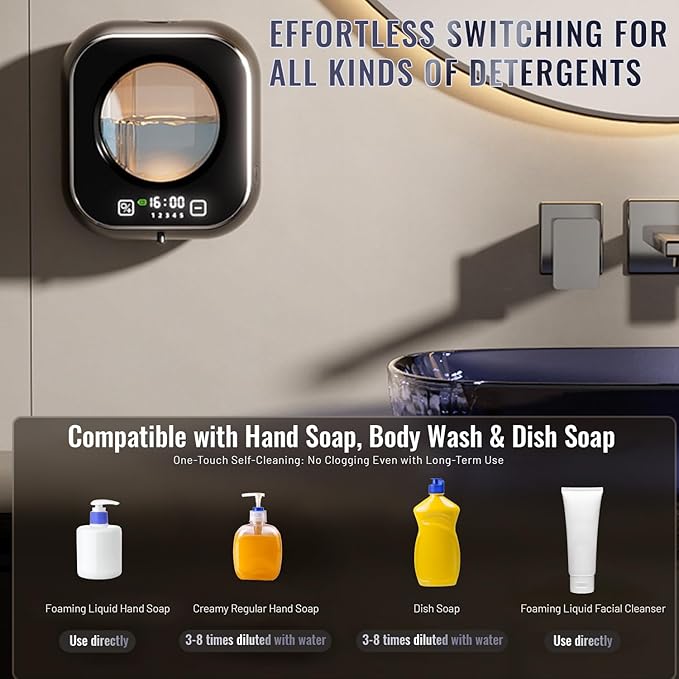 Automatic Soap Dispenser Touchless, Wall Mount Hand Soap Dispenser 10.8oz, LED Clock Electric Sensor Pump with 5 Speed Foam,120-Day Long-Life Battery, IPX5 Waterproof for Kitchen Bathroom Office Hotel