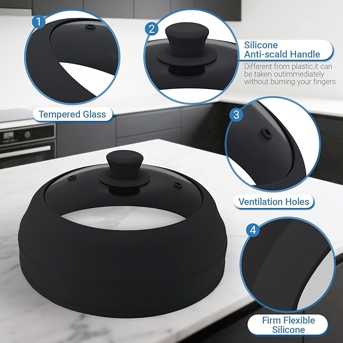 Microwave Splatter Cover Glass,10.5 Inch Collapsible Microwave Cover for Food Glass, Silicone Vented Splatter Guard Lid, Silicone Dish Plate Cover, Dishwasher Safe, Heat Resistant, BPA-Free, Black