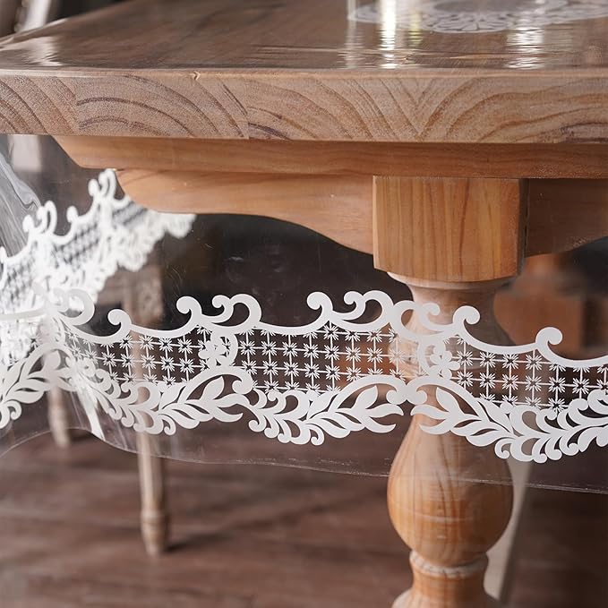 Rectangle Waterproof Clear Table Cover Protector Vinyl Table Cloth Oil Spill Proof Wipe Clean Lace Plastic Tablecloths for Dining Tables (White, 60 x 120 Inches)