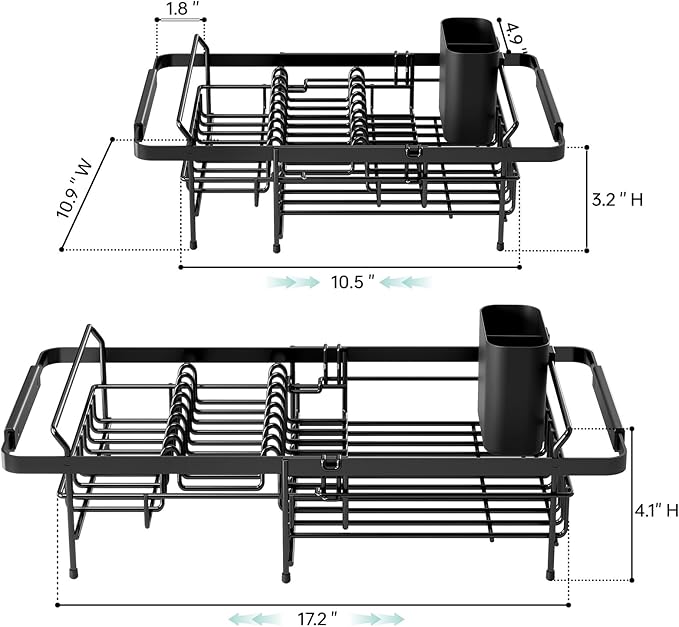 Urackify Dish Drying Rack in Sink - Expandable (14.5''-18''L) Over The Sink Dish Rack with Utensil Holder, Space-Saving Dish Drainer for Kitchen Counter, 1 Piece, Matte Black