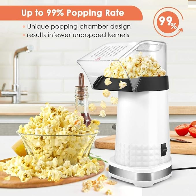 Hot Air Popper Popcorn 1200W Electric Hot Air Popcorn Maker for Family Movie Nights Home Popcorn Machine, White