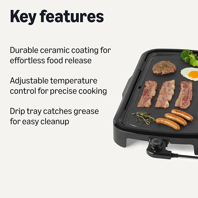 Amazon Basics Electric Griddle with Nonstick Ceramic Coating, Flat Grill for Pancake, 10 x 20 inches, Black