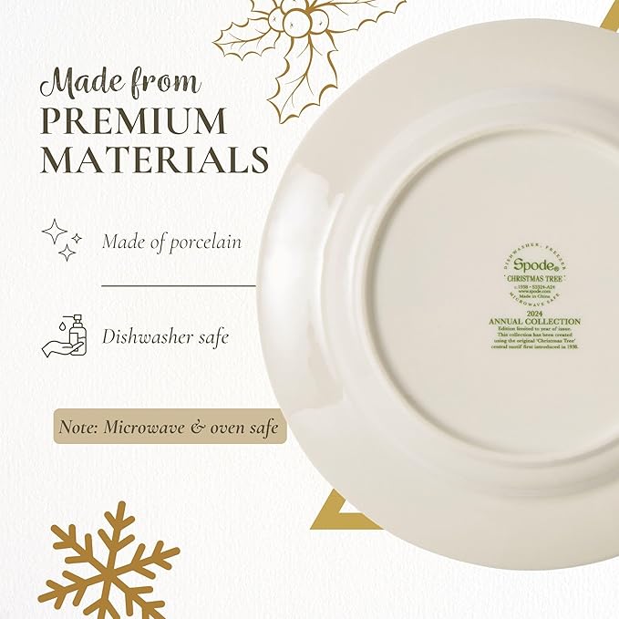 Spode Christmas Tree 2024 Annual Collector Plate - Exclusive Border with Red Ribbon & Black Check, Seasonal Display or Holiday Tableware Use, 8" Porcelain - Great Holiday Gift