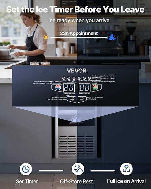 VEVOR Commercial Ice Maker Machine, 150 lbs/24h with 30 lbs Storage Capacity, Built-in/Freestanding/Under Counter, Stainless Steel Ice Maker with LED Display & Self-Cleaning, for Home Bar Restaurant