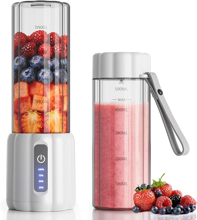Portable Blender, Personal Blender for Smoothies and Shakes, Small Juice Mixer with LED Display, USB C Rechargeable Shake Maker with 6 Blades for Kitchen, Outdoor, Gym, 17 Oz, White