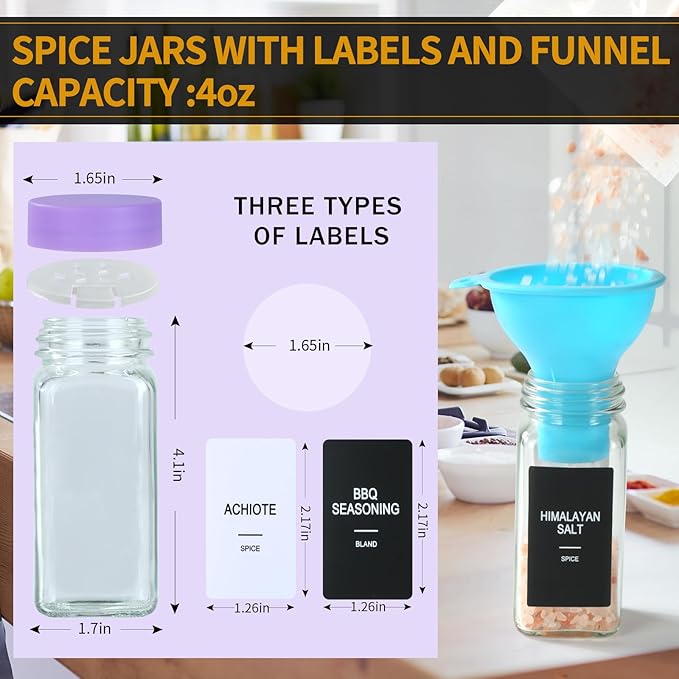 36 Glass Spice Jars with Labels, Spice Jar Set, 4oz Spice Containers, Seasoning Containers with Purple Airtight Lids and Shaker Lids, Square Empty Spice Bottles, 492 Labels, 1 Funnel