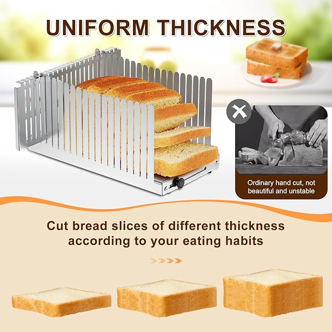 Stainless steel Bread Slicer for Homemade Bread,Adjustable Width,Foldable Compact,Bread Slicing Guide,Bread Loaf Slicer,for Cakes,Bagels,slice is 0.5",Bread width: 5.5"-8.3" (Satin Silver)
