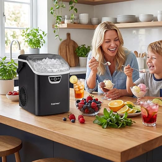 COSTWAY Nugget Ice Maker Countertop with Handle, 33 Lbs/24H Soft Chewable Ice, Ready in 6 Mins, Auto-Cleaning, Audible Ice Full Alarm, Portable Sonic Ice Machine for Home Kitchen Office, Black
