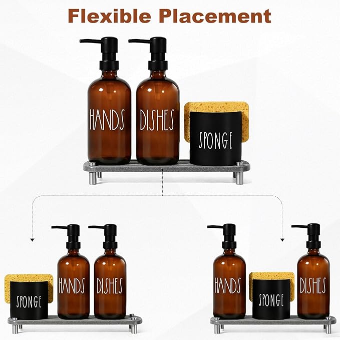 Amber Glass Soap Dispenser, Kitchen soap Dispenser with Sponge Holder, Dish and Hand soap Dispenser Set with Tray,Instant Dry Tray, Amber
