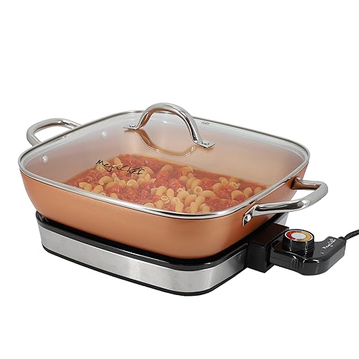 MegaChef Electric Fry Pan with Copper Non-Stick Coating, Tempered Glass Lid & Adjustable Temperature Control, Versatile Small Kitchen Appliance (11.81 Inch Fry Pan)