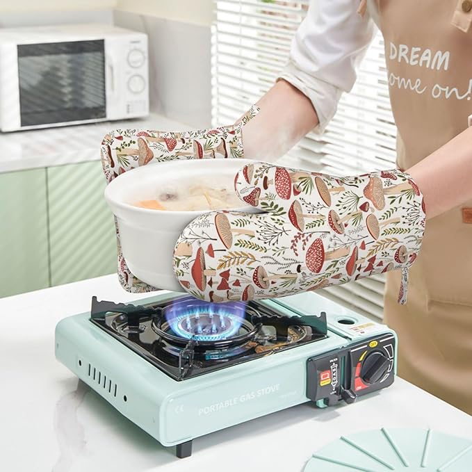 Mushroom Leaves Boho Plants Oven Mitts and Pot Holders Sets Silicone Mushrooms Kitchen Oven Mitts Hot Pads Heat Resistant Vintage Mushrooms Potholders Kitchen Mitts Set for Baking Cooking
