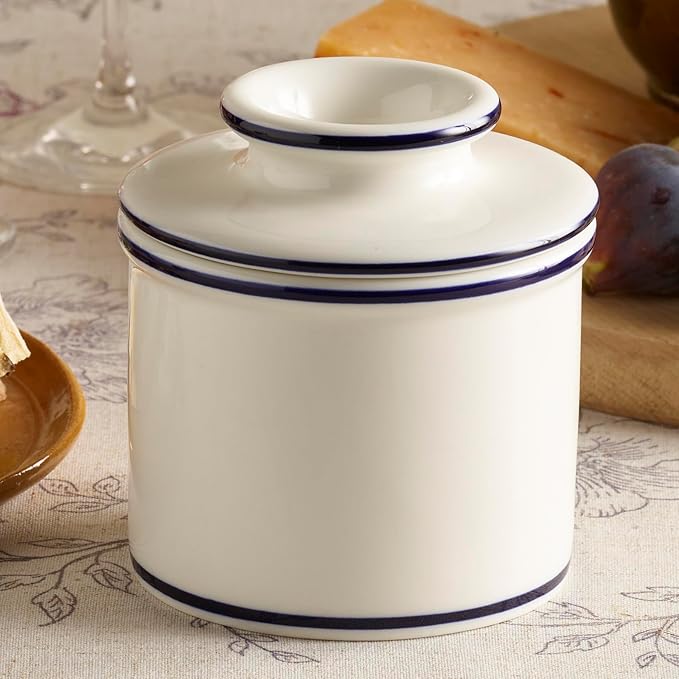 Butter Bell - The Original Butter Bell crock by L Tremain, a Countertop French Ceramic Butter Dish Keeper for Spreadable Butter, Le Bistro, White with Blue Trim
