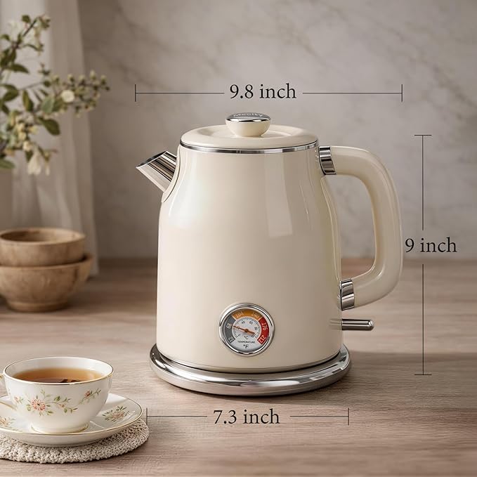 Mecity Retro Electric Kettle 1.7L, Stainless Steel Interior (No Plastic Contact), Double Wall Cool Touch, Fast Boil 1500W, Thermometer (°F/°C), Removable Lid, Wide Opening Easy Cleaning, 120V, Cream