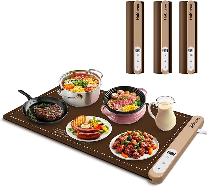 3-Pack Silicone Food Warming Mat & Food Warmers for Parties Buffet - Rapid Heating 6-Level Temp Control, Rollable Portable Easy Clean - Value Set for Gatherings & Home Daily Use（Brown）