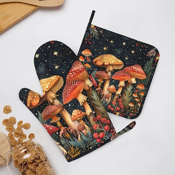 Oven Mitts and Pot Holders Mushroom Forest Vintage Silicone Kitchen Accessories Set of 4 Heat Resistant Long Gloves Potholder Non-Slip Grip for Chef Cooking Baking Grilling BBQ