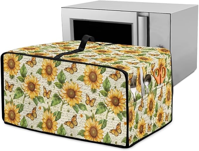 Countertop Convection Oven Cover Dust-Proof Toaster Oven Cover with Accessories Pockets, Countertop Convection Oven Protector, S, Sunflower Butterfly Retro Letter Print