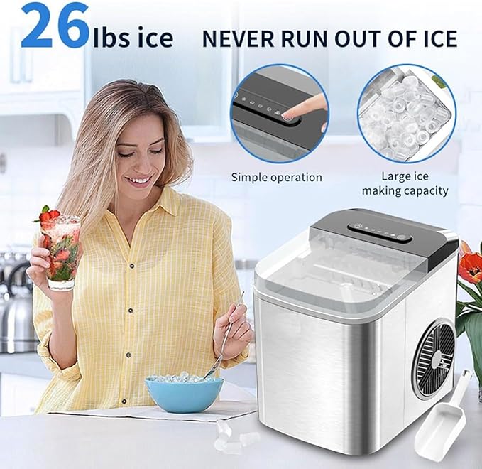 Ice Maker Machine for Home,Portable Small Clear Ice Cube Maker with LED Touch Display Panel,2 Bullet Ice Sizes,Ice Ready in 6 Mins,12kg/26lb in 24h,for Kitchen/Party/bar