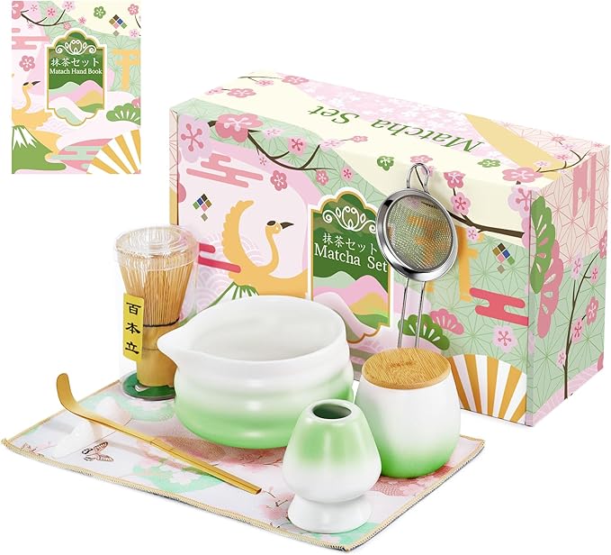 Matcha Whisk Set, Green Matcha Kit, 8 Pcs Matcha Set Includes Matcha Bowl with Spout, Matcha Whisk and Holder, Ceramic Tea Caddy, Bamboo Scoop, Scoop Rest, Sifter and Tea Towel, Gift for Tea Lover