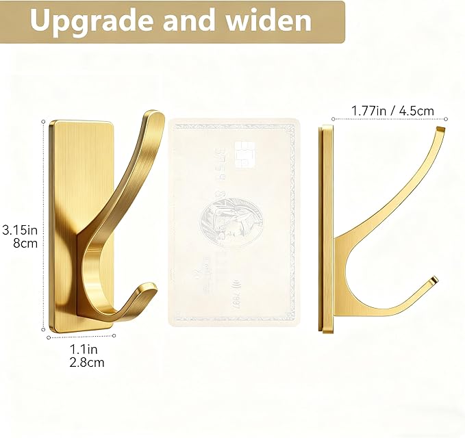 pickpiff Brushed Gold Self Adhesive Coat Hooks for Hanging: 13LB Extra Strong Stainless Wall Hook for Towel, Utensil, Backpack, Hat, Sturdy Metal Hanger for Bathroom, Kitchen, Door, 6-Pack