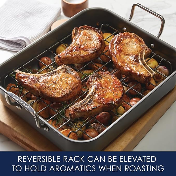 Rachael Ray Brights Hard Anodized Nonstick Roaster / Roasting Pan with Rack - 16 Inch x 12 Inch, Gray