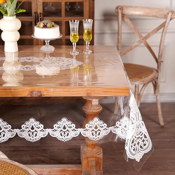 Clear Table Cover Protector Vinyl Table Cloth Rectangle Oil Spill Proof Vintage Rustic Plastic Table Covers for Dining Tables (White Lace, 60 x 104 Inches)