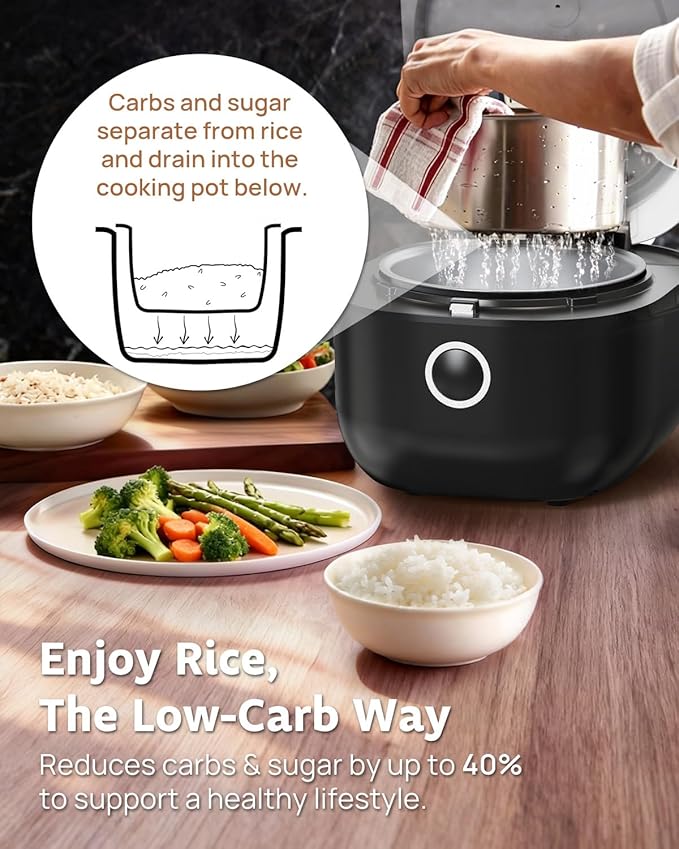 YOKEKON Rice Cooker Stainless Steel Inner Pot PFAS-Free Dishwasher Safe, Low Carb & Low Sugar Large Rice Cookers 8 Cup with Steamer Basket, 24H Delay Timer and Auto Keep Warm Feature,Black