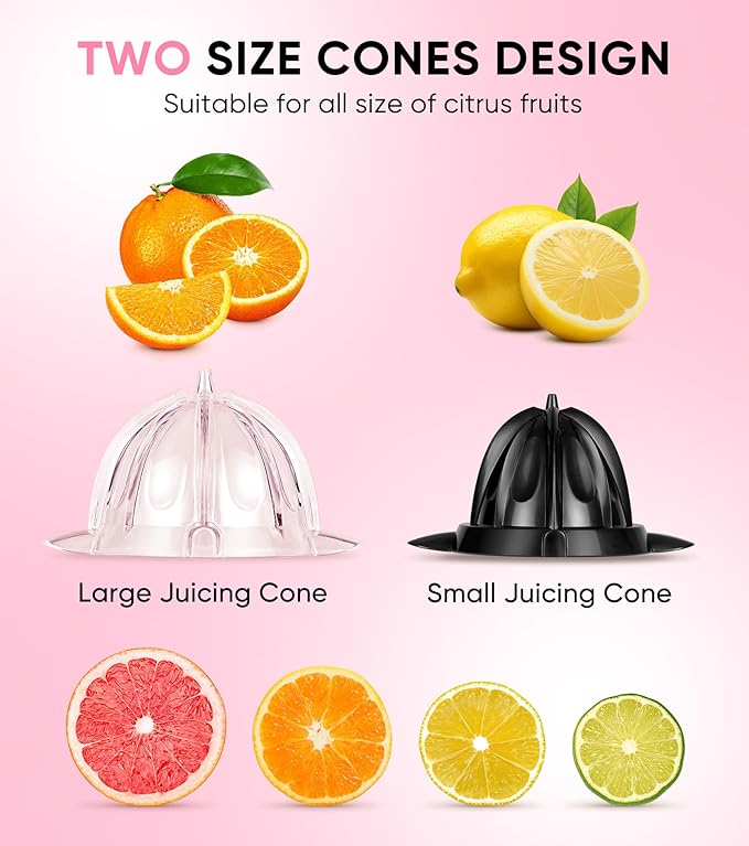 Electric Orange Juicer, Citrus Juicer Squeezer with 2 Cones and Soft Grip Handle for Effortless Juicing, Stainless Steel Quiet Orange Juice Extractor Machines for Lime Grapefruit Lemon, Pink