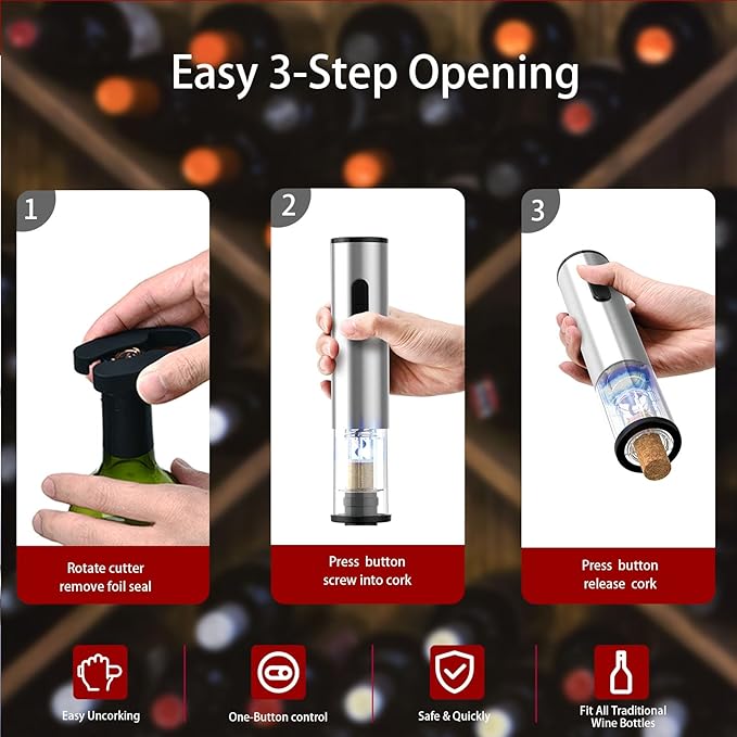 5-in-1 Electric Wine Opener Set Automatic Wine Opener Battery Operated Wine Bottle Opener with Wine Stopper, Wine Pour, Foil Cutter, Storage Base, Gift For Wine Lovers（Stainless Steel ）