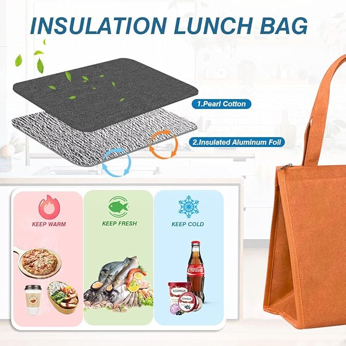 iknoe Insulated Lunch Bag for Women & Adults, 9L Foldable Wide-Open Cooler Bag with Pockets, Leakproof & Portable, for Picnic, Office, Beach(Orange)
