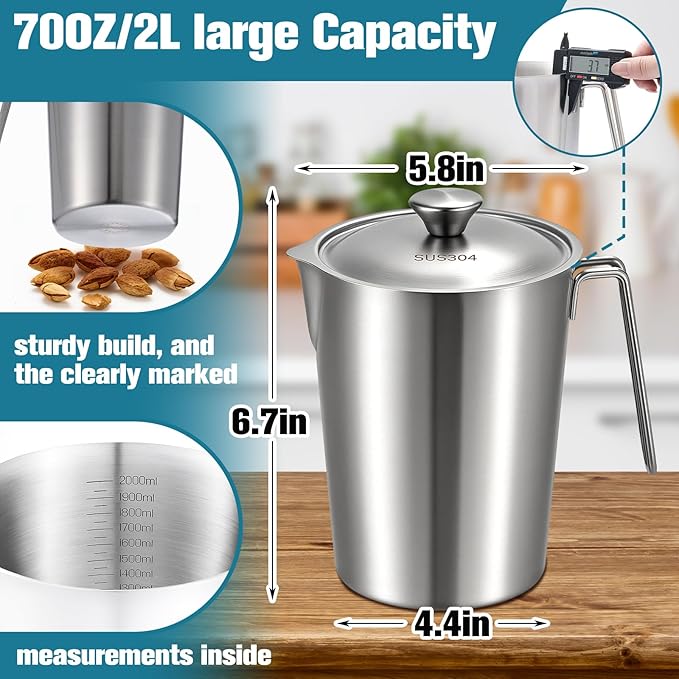 2 Pcs 2 L/70 oz Large Stainless Steel Pitcher with Lid, Metal Measuring Cup, Large Mouth Graduated Beakers with Handle, Milk Frothing Jug for Espresso Machine, Latte Art, Hot/cold Water