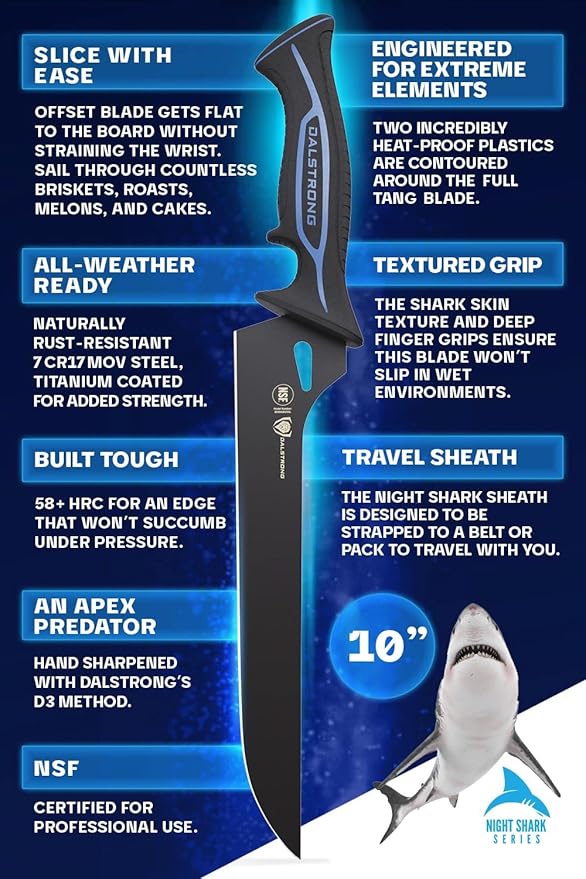 Dalstrong Slicing & Carving Fillet Knife - 10 inch - Night Shark Series-7CR17MOV High Carbon Steel-Titanium Coated-Fillet Knife for Fish & Meat Slicer - Polypropylene Handle - Sheath- NSF Certified