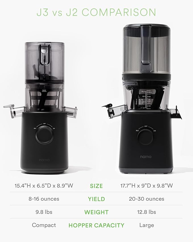 Nama J3 Compact Cold Press Juicer – Space Saving & Self Feeding for Hands-Free Operation – Lightweight, Portable Zero Waste Slow Masticating Juicer – Easy Cleanup & Assembly - Black