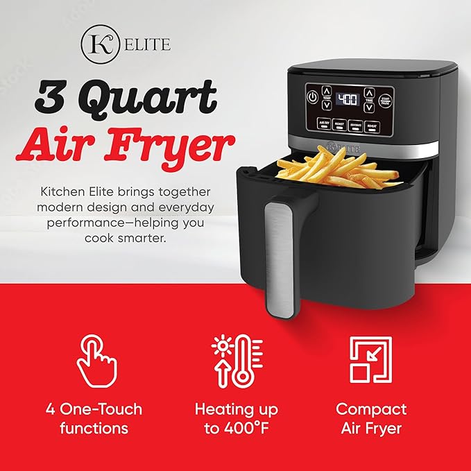 Kitchen Elite 3 Quart Digital Air Fryer Oven Compact Countertop Oil-Free Cooker with PFAS-Free Nonstick Basket, Easy Clean, Black