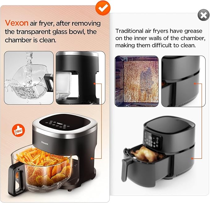 Vexon 4.5QT Air Fryer, 1200W Compact Hot Air Cooker with Visible Window, Nonstick Basket, Digital Touch Screen, Oil-Less Electric Air Fryer Oven for Healthy Cooking (Black)