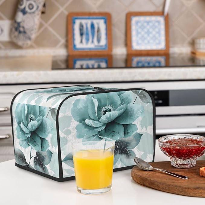 Toaster Cover 4 Slice Elegant Teal Flower Leaves Waterproof Appliance Cover with Hang Loop Bread Baker Toaster Cover for Kitchen