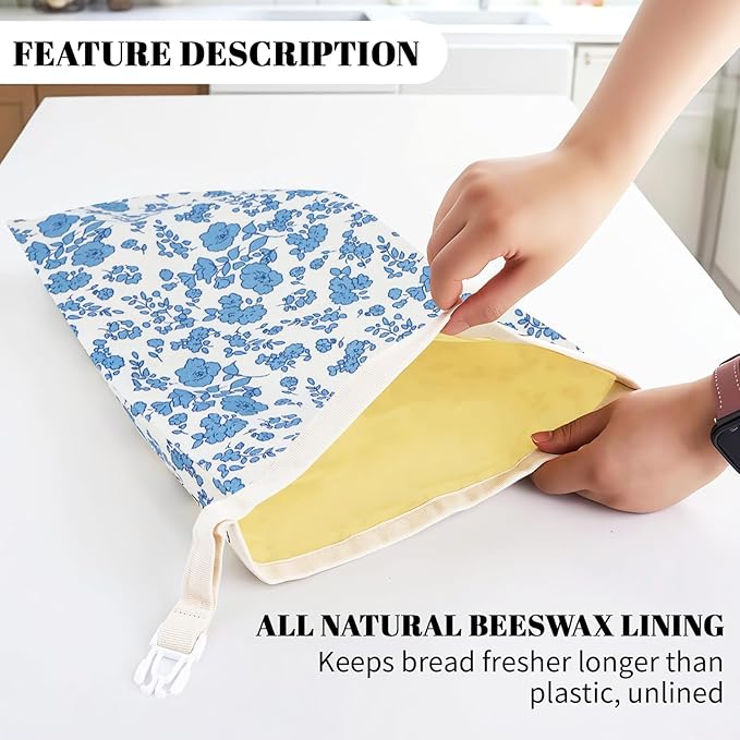 1 PCS Beeswax Bread Bags - 17x13 Inch Reusable Bread Storage Bags,Bees Wax Lined Bread Bags for Home Cooks fresh bread storage Easy Clean (Blue Floral)