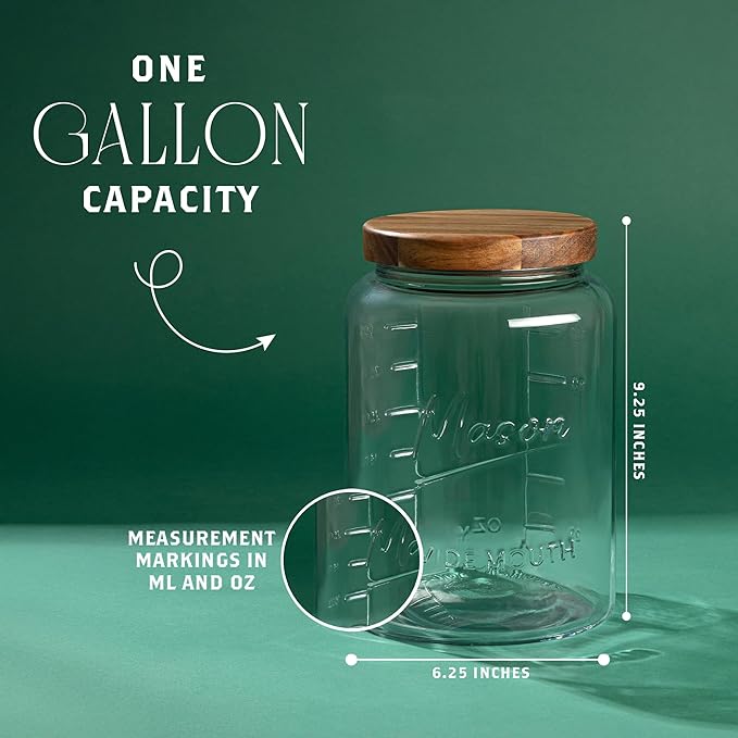 kitchentoolz Extra Large Mason Jar - 1 Gallon Glass Wide Mouth Jar with Airtight Wooden Lid, Food Storage Container with Measurement Markings For Kitchen Pantry, Pickling, Cookies, Flour & Sugar